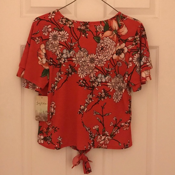 Red Orange Blouse Floral Tie Knot Short Sleeve - Picture 9 of 9